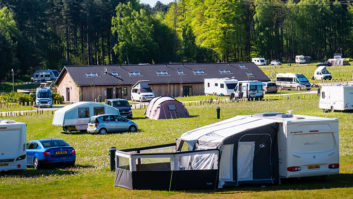 Motorhomes and caravans pitched up on a sunny day