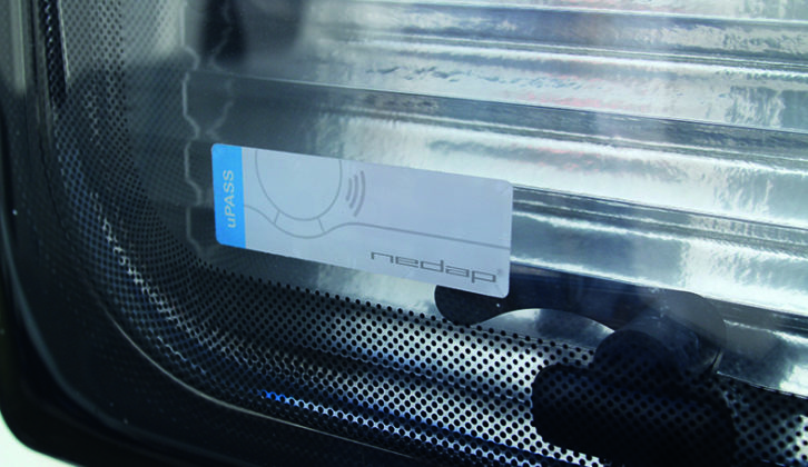 Data tags affixed to a front window