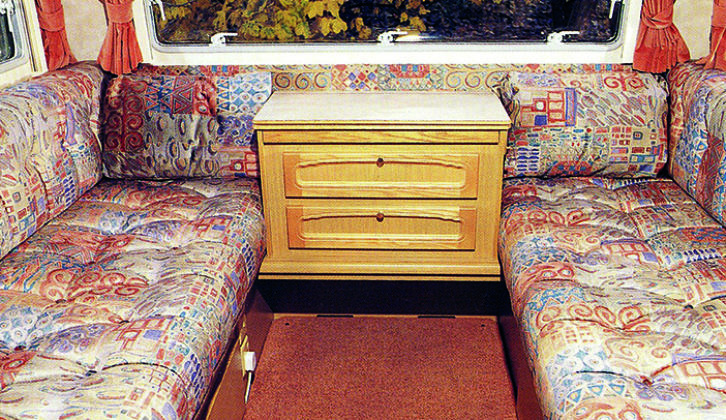 Lounge in a 1995 Navigator 360RL. Note 'floating' chest of drawers