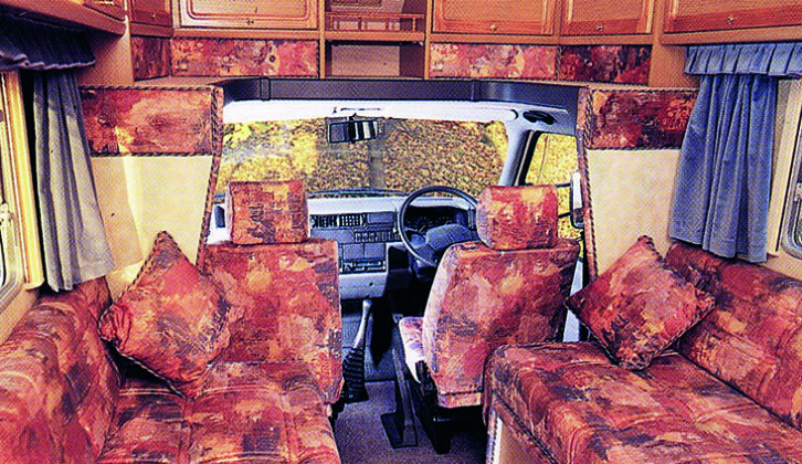 View forward in a 1995 Calypso. The brightly patterned upholstery fabric was a bit 'Marmite'