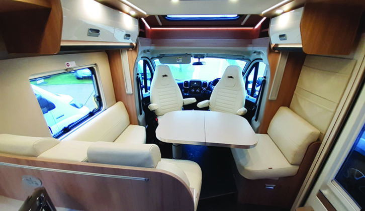 Swivel the cab seats for a comfortable lounge, with a table that is large enough to seat six