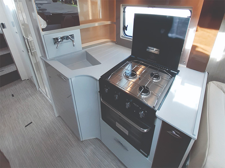The kitchen area in the Burstner Elegance 910G