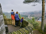 A family looking down on a beautiful view of trees on a grey day