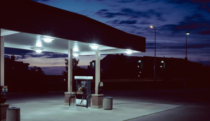 A petrol station at night