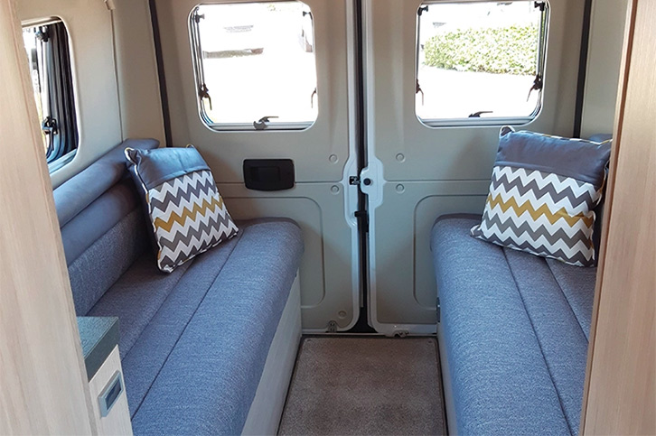 The rear lounge in the Benivan 122 can seat up to six