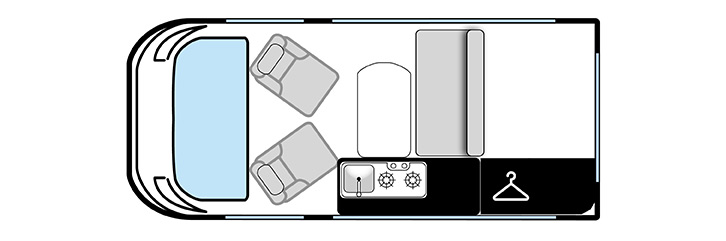 A rear bench, side kitchen campervan layout
