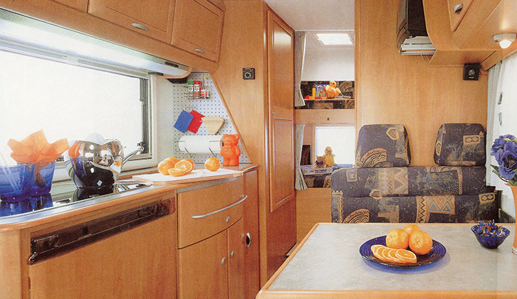 View rearwards in a 1999 Hymercamp 524, with bunk beds at far rear