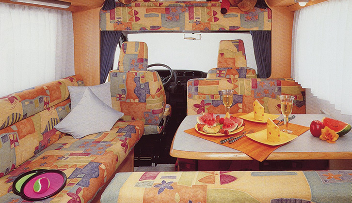View forwards in a 2000 Hymercamp-Swing 544. Zingy Capri soft furnishing fabrics divided opinion