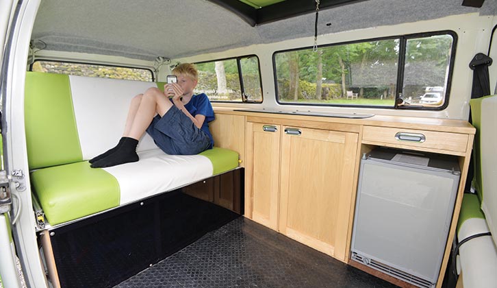 The interior of a classic VW campervan