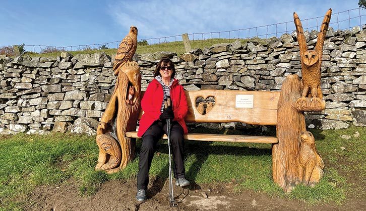Kay takes in the view at the carved bench near Hardraw