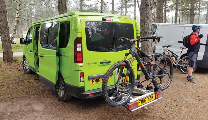 A bike rack on the rear of a motorhome