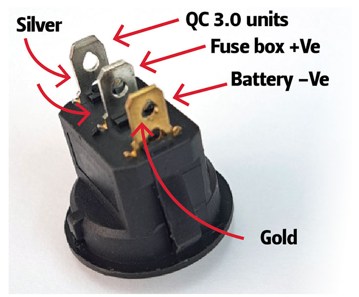 Rear of isolating rocker switch showing connection details