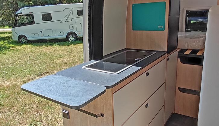 Three large drawers below the worktop in the kitchen – but there’s no oven fitted