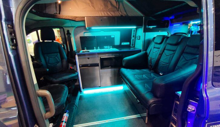 Interior of Motion R campervan with blue light