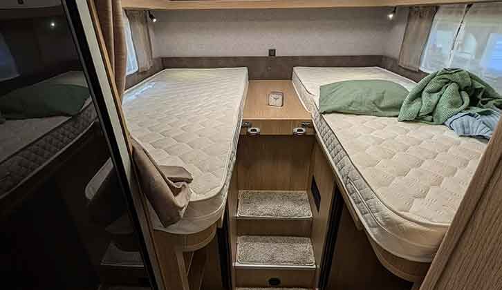 The fixed single beds in the Hobby On Tour 680 GE