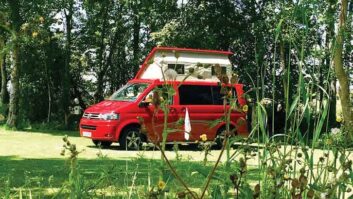 A red campervan at Silver Sands