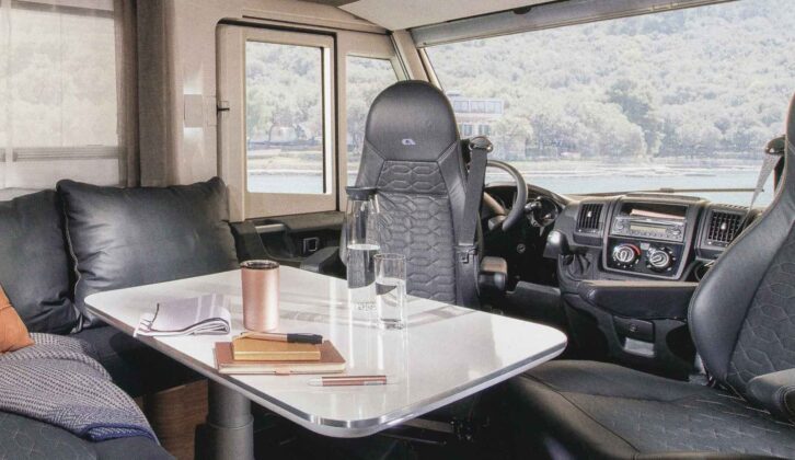The forward lounge with the captain's chair swivelled in