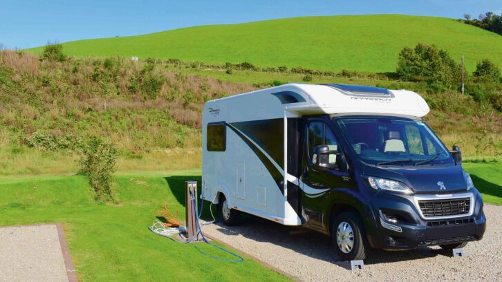 A levelled motorhome on a pitch with ramps used