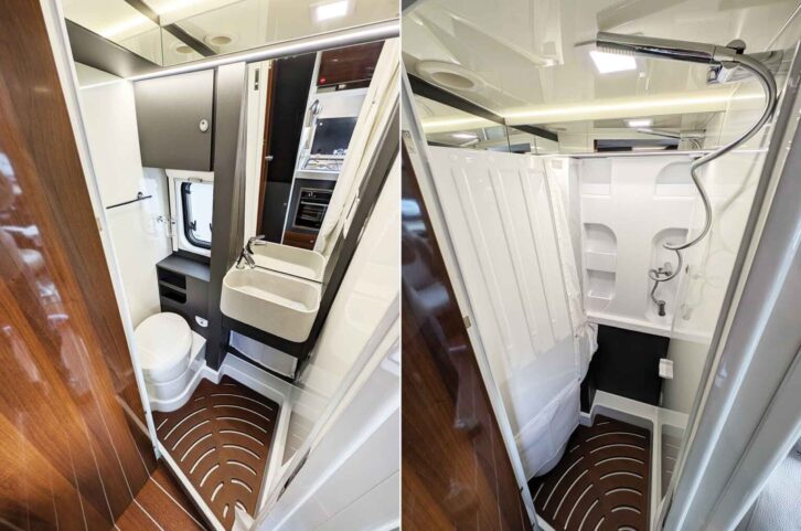 The washroom in the Mobilvetta Admiral with the partition in place (l) and swung out (r)
