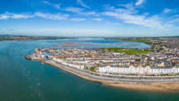An aerial shot of Exmouth beach and the town