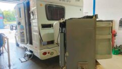 The motorhome in the workshop