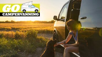 A woman sitting in her campervan while stroking her dog