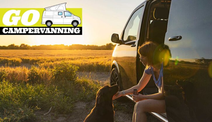 A woman sitting in her campervan while stroking her dog