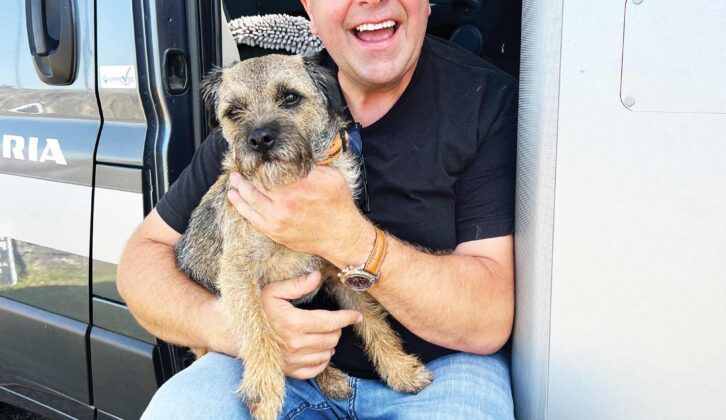 Matt and Reg sitting in the motorhome doorway