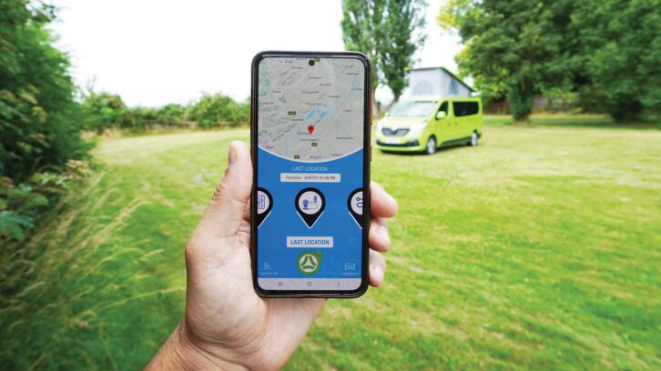 A motorhome tracker app on a phone