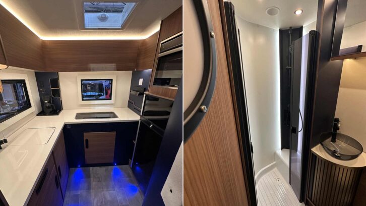 The kitchen (left) and washroom (right) in the Rimor Sailer 56 Plus