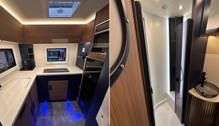 The kitchen (left) and washroom (right) in the Rimor Sailer 56 Plus