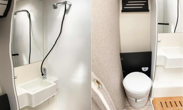 The tap and showerhead are a single unit (l) and the toilet (r)