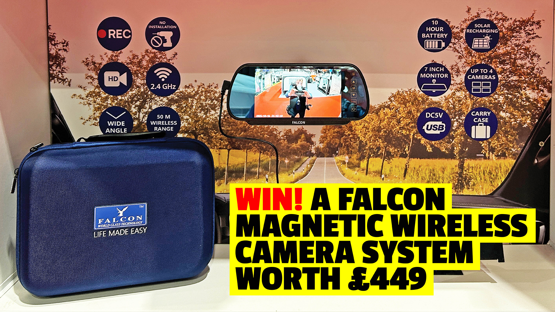 Graphic saying 'Win! A Falcon Magnetic Wireless Campera System worth £449'