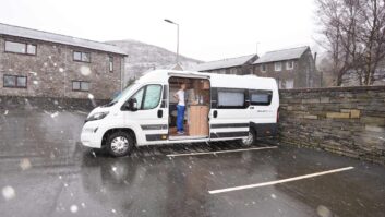 A campervan in a parking bay on a wet day