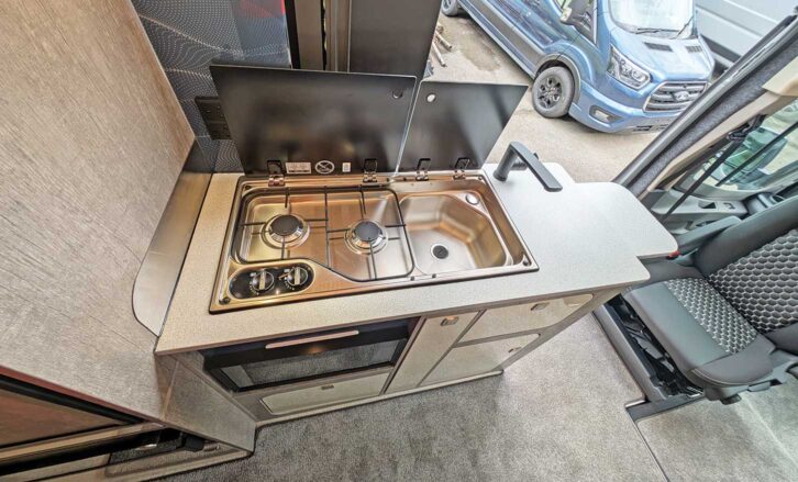 The campervan's kitchen unit