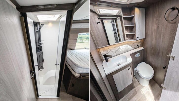 The shower cubicle (left) and main washroom (right)