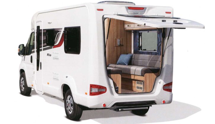 The Rio from the rear with the tailgate up