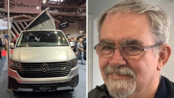 A Bilbo's campervan at the NEC Show (left) and co-founder David Latham (right)