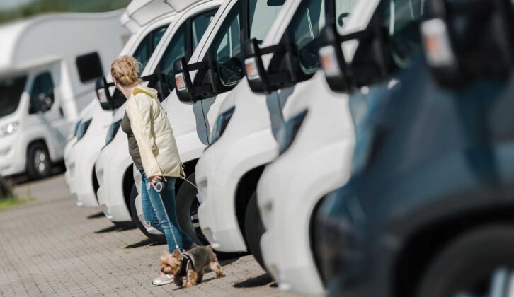 A person standing inwith their back to a row of motorhomes