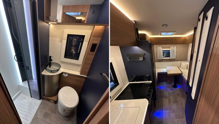 The washroom (left) and rear lounge (right) in the Rimor Super Brig Suite