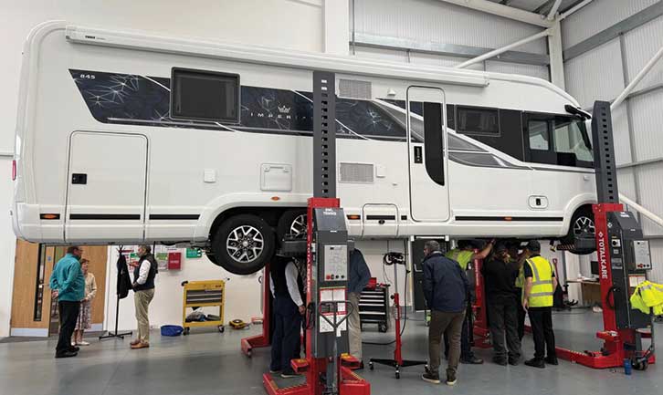 An A-class motorhome at Al-Ko’s Customer Service Centre in Southam