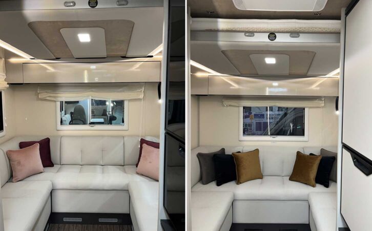 The rear U-shaped lounges in the Kea 80 (left) and the K Yacht 80 (right) 