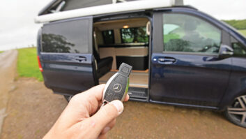 Pointing a keyfob at a campervan