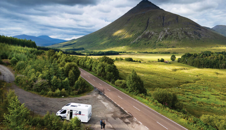 A motorhome parked along a stretch of the A82 and A85