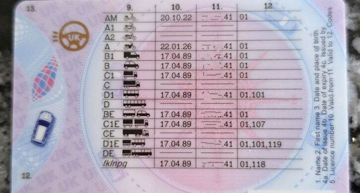 The rear of a driving licence