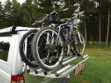 A factory fitted bike rack on a VW Transporter with two bikes on it