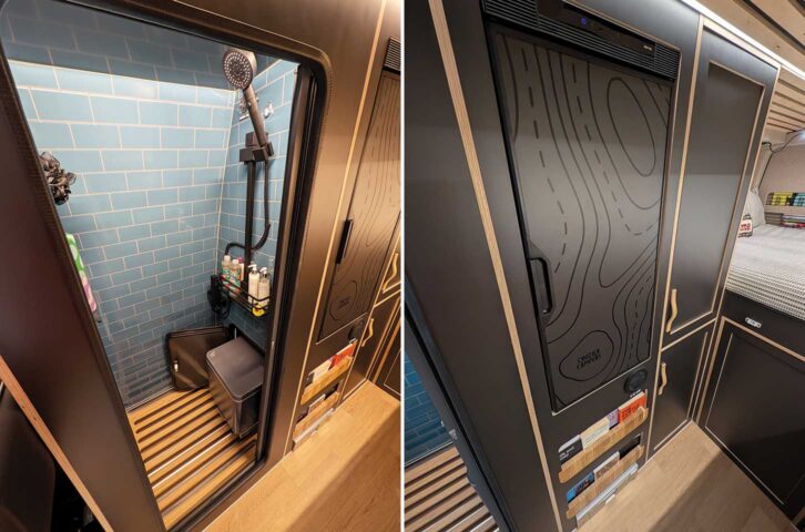 The washroom (left) and a black cupboard (right)