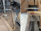 The cubbyhole beneath the table (left) and the storage under the beds (right)