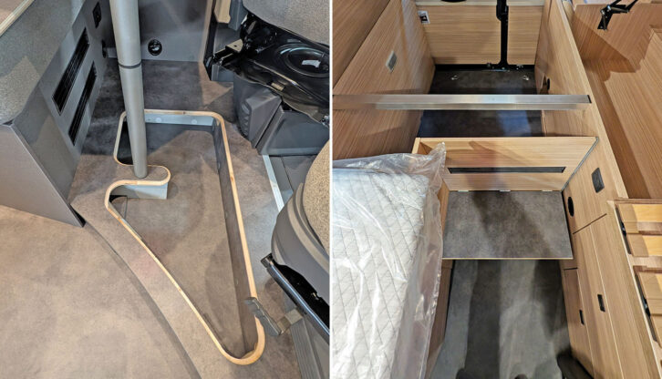 The cubbyhole beneath the table (left) and the storage under the beds (right)