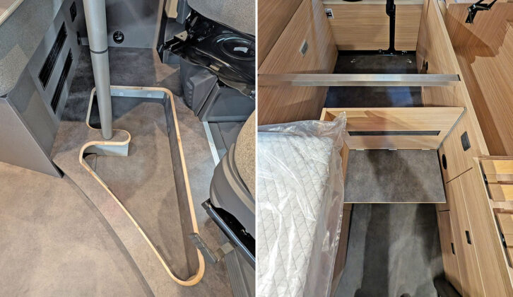 The cubbyhole beneath the table (left) and the storage under the beds (right)